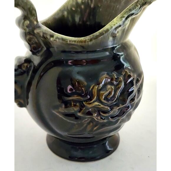 HULL POTTERY-PITCHER-VASE-Brown/Green Drip Glaze-Embossed-Large Pouring Lip - Picture 6 of 10